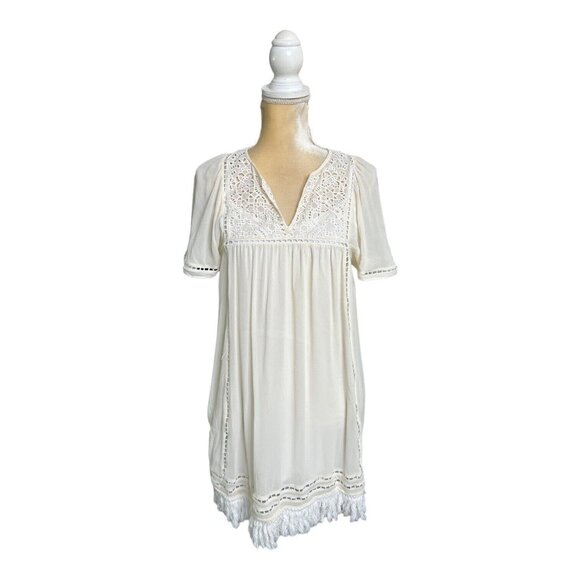 Joie Rainey Crepe Georgette Tunic Mini Dress Size XXS White Ivory Fringe - Picture 1 of 6